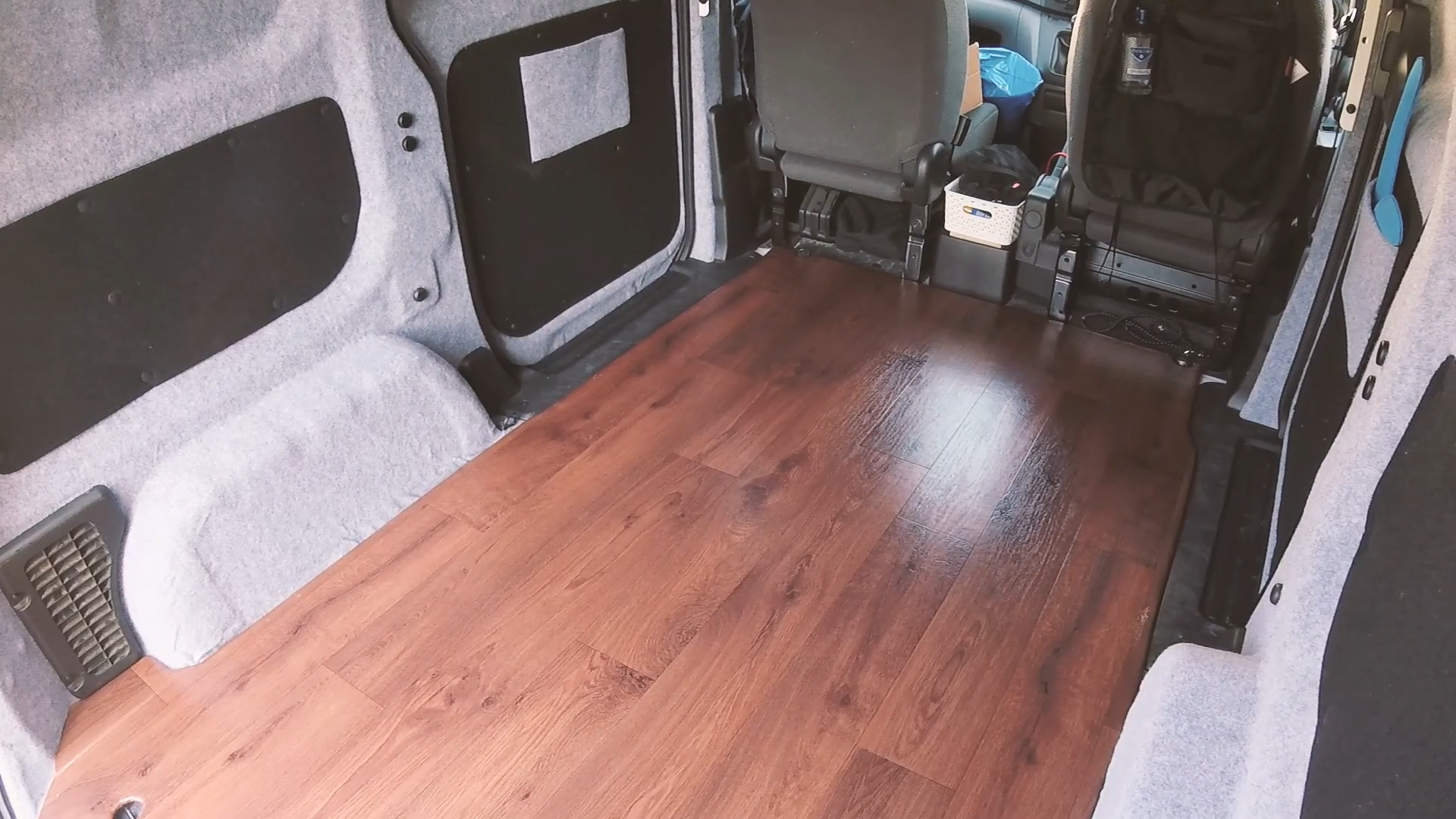 The vinyl-covered van floor in the van